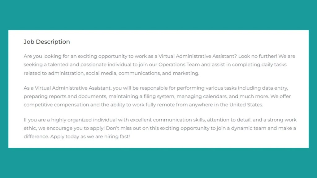 Virtual Assistant job description (JD) source: Inclusively Remote — job board