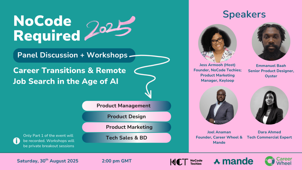 Cover image for NoCode Required 2025, showing the title: Career Transitions and Remote Job Search in the Age of AI. It also shows the images of the speakers